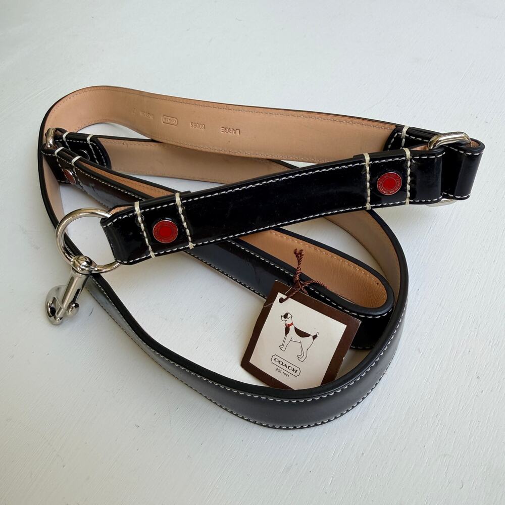 Vintage Y2K Coach Large Black Patent Leather Dog Leash Hearts & Bones 60065